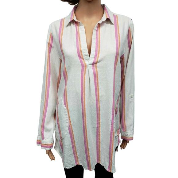 For Cynthia Rowley Popover Tunic Top Women M Linen blend Roll up sleeve Pockets - Picture 1 of 10